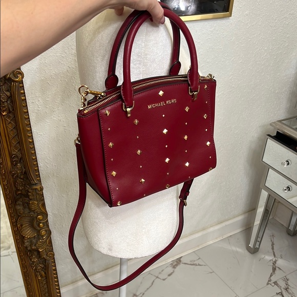 Real Michael Kors Burgundy Studded Women's Bag - Picture 7 of 8